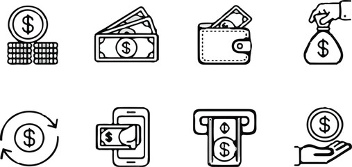 Money and Finance Line Icons Set  png vector - Currency, Wallet, Payment, and Transaction Symbols

