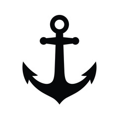 Anchor emblem in black isolated silhouette style, bold and clean lines, centered design, minimal nautical theme, no background, vector style suitable for logos, tattoos, or stamps.