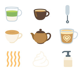 Café Drinks Icons. Flat icon set of café-style non-alcoholic drinks: matcha latte, decaf espresso, milk