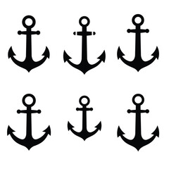 Anchor icon set in a nautical, beach, or sea theme — minimal vector style, black and white line icons with rope, waves, ship wheels, and ocean elements, arranged in a clean grid.

