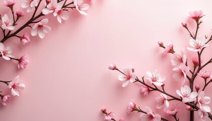 Pink background with minimalist cherry blossom motifs. Spring banner template with copy space, branches of sakura flowers. Floral design template, elegant, beauty, zen style.