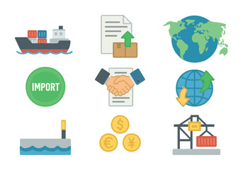 International Trade Icons. Flat icon set of international trade: cargo ship, export document, world map,