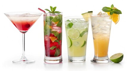 Refreshing Summer Cocktails:  Four Vibrant, Icy Drinks with Fruit and Mint Garnishes.