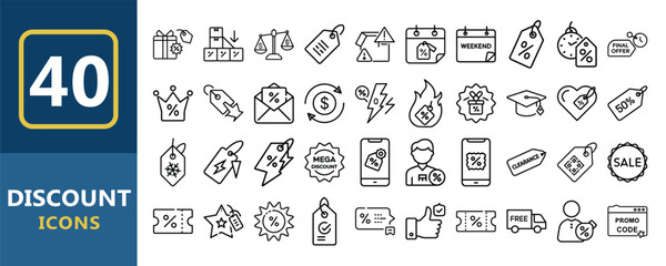 Vector art of a vibrant collection of 40 discount icons, showcasing various sale and promotional offers, isolated on white background