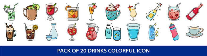 Diverse Set of Cartoon Style Drink Icons for Commercial or Creative Use