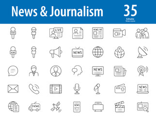 News and Journalism Line Icons, Newspaper, Breaking News, Microphone, News Anchor, Press, News App, Live Report, and More, Editable Formats: AI, EPS, JPG, PNG, Ideal for Both Digital and Print Use
