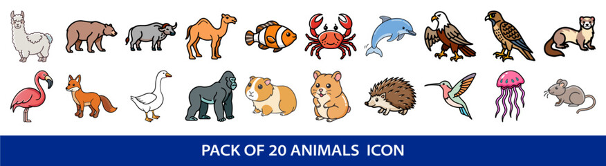 Cartoon Animal Icon Set Featuring Twenty Different Animal Illustrations