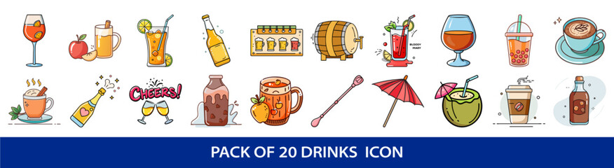 Colorful Cartoon Style Icon Set Featuring a Variety of Delicious Drinks