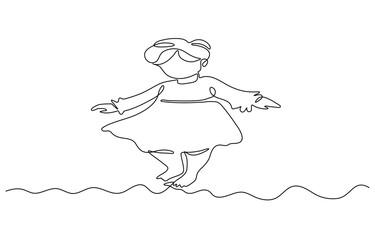 Child smelling flower in continuous line art drawing style. Small girl squatted down to sniff the fragrant flower. Black linear sketch isolated on white background. Vector illustration