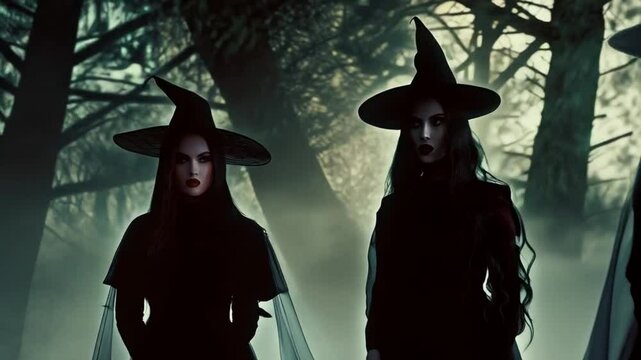 Three silhouetted witches in a misty forest wearing hats and cloaks with streaming light rays