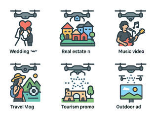 Creative Drone Iconography. Flat icon set of creative drone uses: wedding aerial shot, real estate panorama,