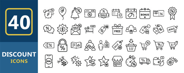 Vector art of forty discount icons isolated on white background, perfect for marketing and ecommerce projects