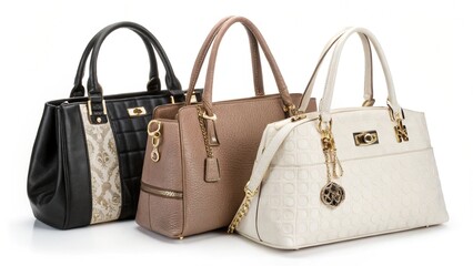 Naklejka premium Elegant Women's Leather Handbags: Black, Beige, and White Stylish Purses.