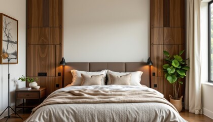analyze the benefits of centering a bed against a solid wall for creating a sense of security and relaxation in the bedroom.