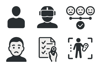 VR Testing Icon Set. Flat icon set of VR user testing and feedback: user icon, headset on, comfort scale,