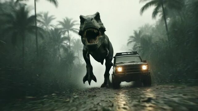 T Rex Tyrannosaurus Rex Chasing car prehistoric extinct animal 