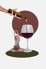Vertical image 3d artwork photo collage of happy girl guy stand hand pour wine alcohol beverage bar...