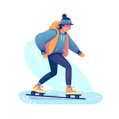 Stylish Person Skateboarding in Snowy Urban Landscape. Winter Sports. Travel. Adventure.