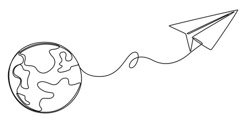 continuous line drawing paper plane taking off from a map and flying symbol for travel or journey illustration vector, One continuous line drawing of Earth globe with paper airplane, Continuous one