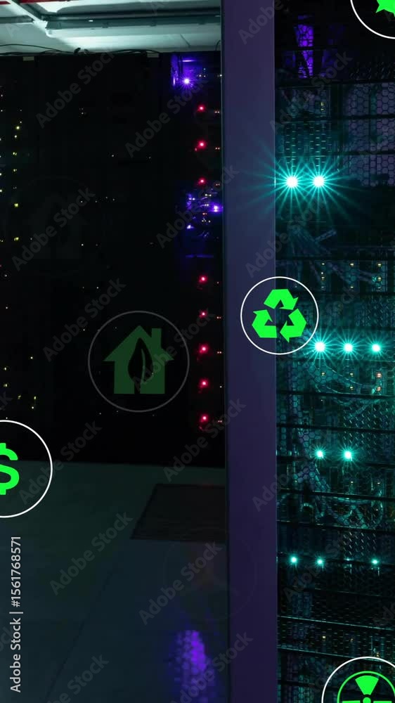 Poster animation of eco icons and data processing over computer servers