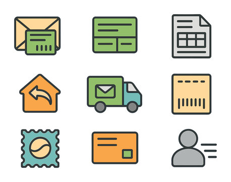 Postal Customs Icons. Flat icon set of postal customs forms: envelope with customs label, CN22 sticker, postal