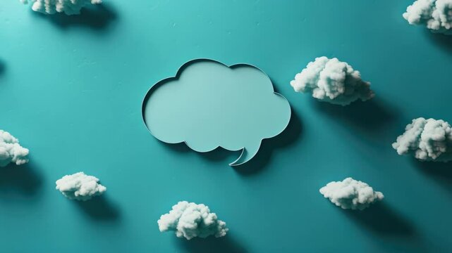 Imaginative cloud concept on blue surface with thought bubbles floating around.