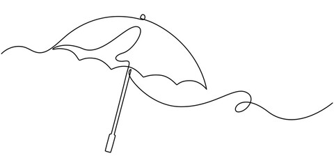 umbrella continuous one line drawing, Continuous one line drawing of opened umbrella. Single line drawing illustration of umbrella protection for rain and uv. Summer holiday concept vector art. © LINE SIMPLE DRAWING