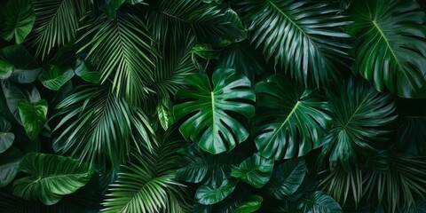 Lush Tropical Foliage Backdrop with Abundant Exotic Leaves Creating a Dark Green Botanical Paradise
