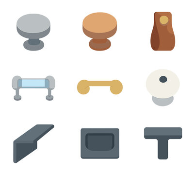 Modern Knob and Pull Icons. Flat icon set of furniture knobs and pulls: metal knob, wood knob, leather loop