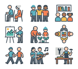Community Hub Icons. Flat icon set of community generation hubs: senior center, youth club, shared library,