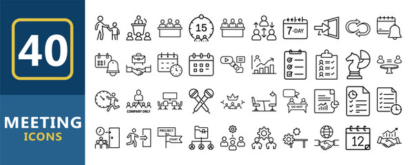 Vector art of a collection of 40 meeting icons, isolated on white background, depicting various aspects of business meetings and teamwork