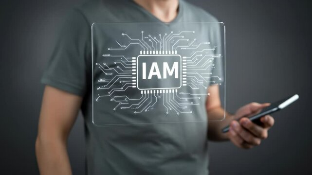 IAM: Identity and Access Management Concept. Business Man Interacting with Digital IAM Security Technology