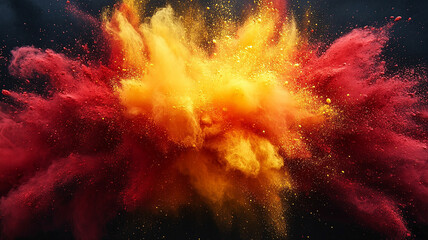 Vibrant explosion of red and yellow powder.
Colorful burst of abstract dust on a dark background.