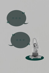 Banner 3d poster art collage of happy girl guy stand bubble communication chatterbox speech...