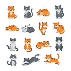 Fototapeta premium Vector icon set of cartoon cats in different poses – sitting, sleeping, stretching, jumping, clean lines, flat color, modern and playful style, white background, high resolution.