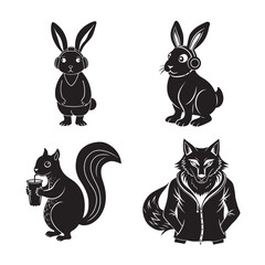silhouette of  cool rabbit, and fox set bundle on the white background