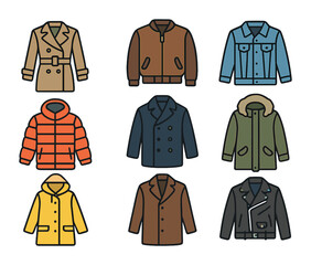 Outerwear Icon Collection. Flat icon set of outerwear fashion styles: trench coat, bomber jacket, denim jacket
