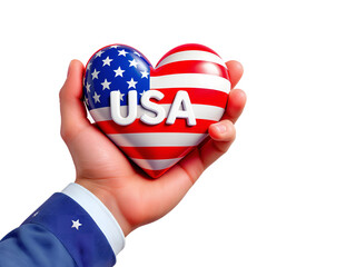 Patriotic USA Flag Heart in Human Hand 3D Illustration Isolated on Transparent Background