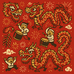 Obraz premium Chinese New Year celebration depicted with dragons, firecrackers, and drummers.