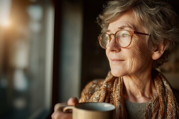 Relaxed senior woman holding a cup of coffee looking through the window at home.