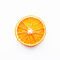 Dried orange slice is placed against a simple white background, showcasing its texture and color.