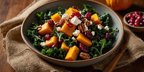 Warm autumn harvest salad featuring roasted butternut squash, kale, pecans, dried cranberries, goat cheese, and maple vinaigrette on burlap-textured surface. Golden hour flat lay for seasonal recipes.