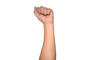 Male hand clenched a fist is raised isolated on a white background. human hand holding a clenched....
