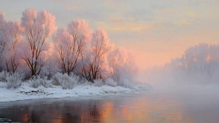 A serene winter landscape features a foggy river surrounded by frost-covered trees under a soft pinkish sky at dawn. - Powered by Adobe