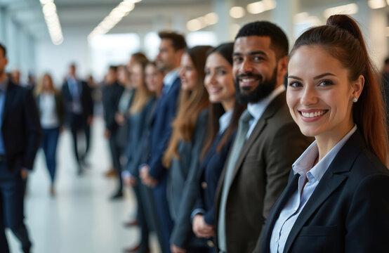 Job fair attendees wait in line. Diverse group professionals in formal attire look forward hiring opportunities. Faces express optimism about job market, career growth. Business people stand ready