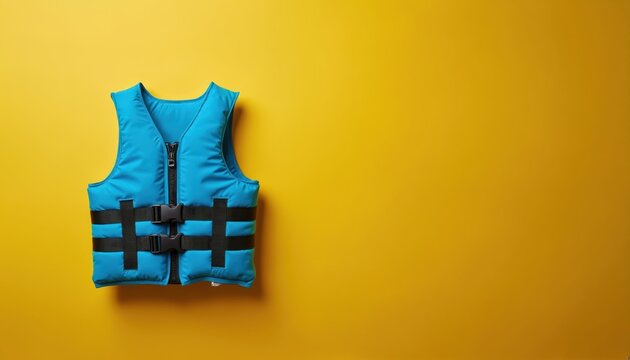 Water-resistant cyan life vest placed on rich yellow background. Foam safety jacket for swimming protection at sea, beach vacation. Essential child adventure equipment. Emergency, safety, rescue, fun
