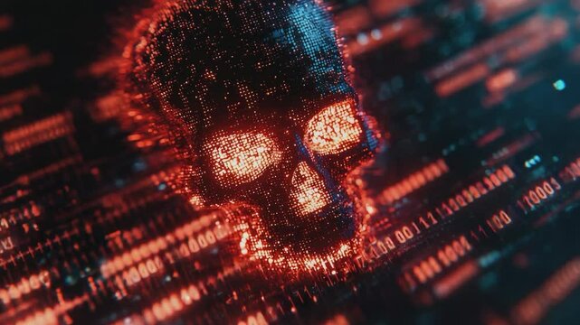 Digital Inferno: A chilling digital representation of a skull engulfed in flames, set against a binary code background.