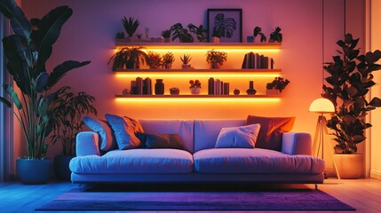 Sofa, shelving units, houseplants and glowing lamps in interior of living room. Different color patterns 