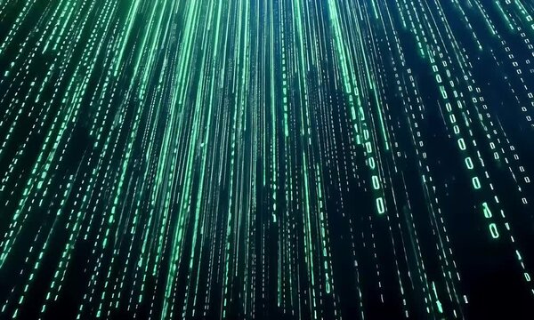 Green data streams in binary code format fall from the top against a dark backdrop
