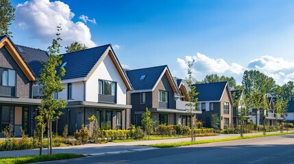 Terraced family homes in newly developed housing estate. The real estate market in the suburbs. New single family houses in a new development area. Residential homes with modern facade